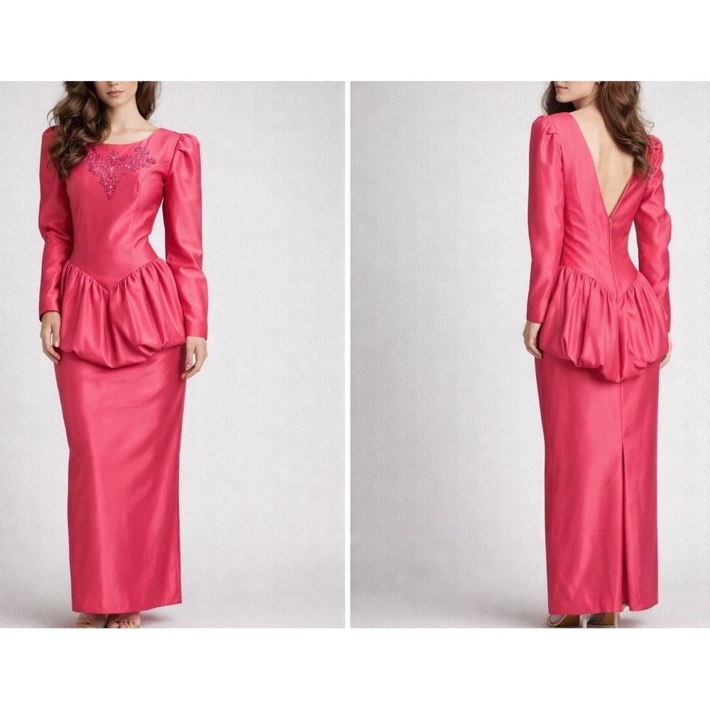 Vintage 80s Pink Satin Bubble Hem Prom Gown Rhinestone Basque‎ Waist XS Formal